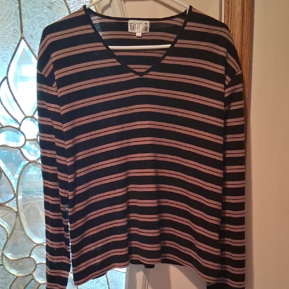 TIGI Black and Tan Striped V-Neck Sweater